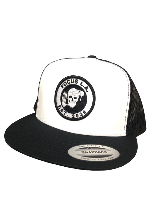 Black and white FocusLA trucker hat